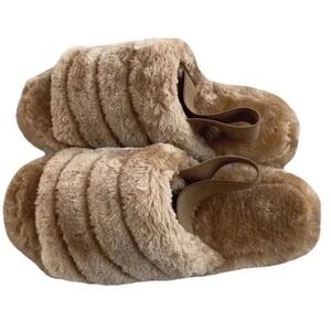 New Faux Fur Slippers 7/8 Elastic Heel Strap Peep Toe Cozy Camel Brown cozy